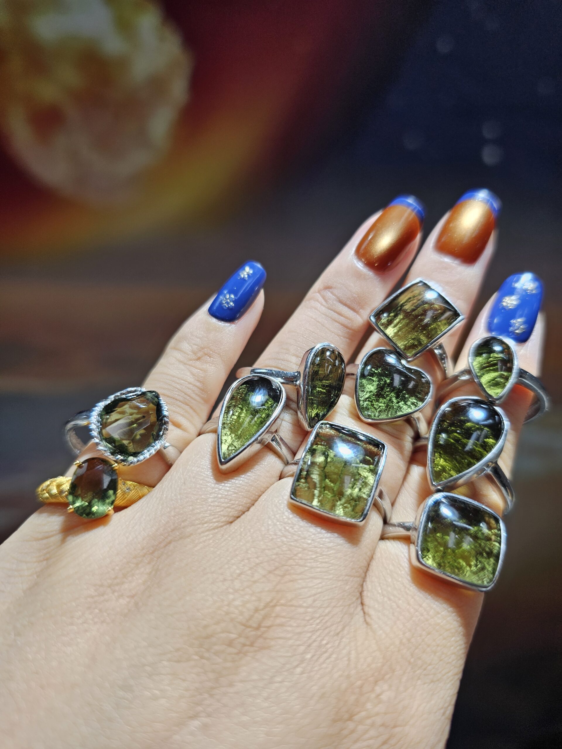 Natural Moldavite Cabochon Ring | 925 Sterling Silver Adjustable Band | Genuine Green Tektite | Multiple Shapes - Image 2