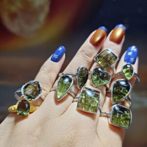 Natural Moldavite Cabochon Ring | 925 Sterling Silver Adjustable Band | Genuine Green Tektite | Multiple Shapes