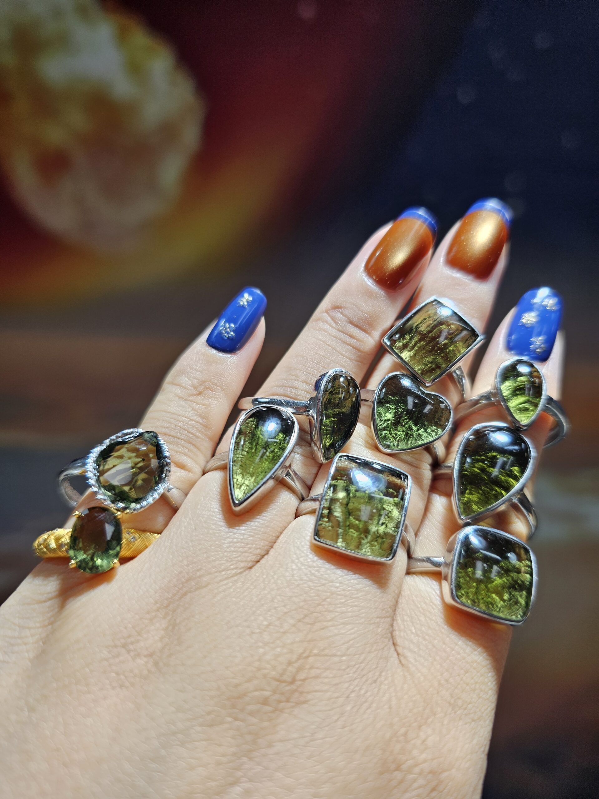 Natural Moldavite Cabochon Ring | 925 Sterling Silver Adjustable Band | Genuine Green Tektite | Multiple Shapes
