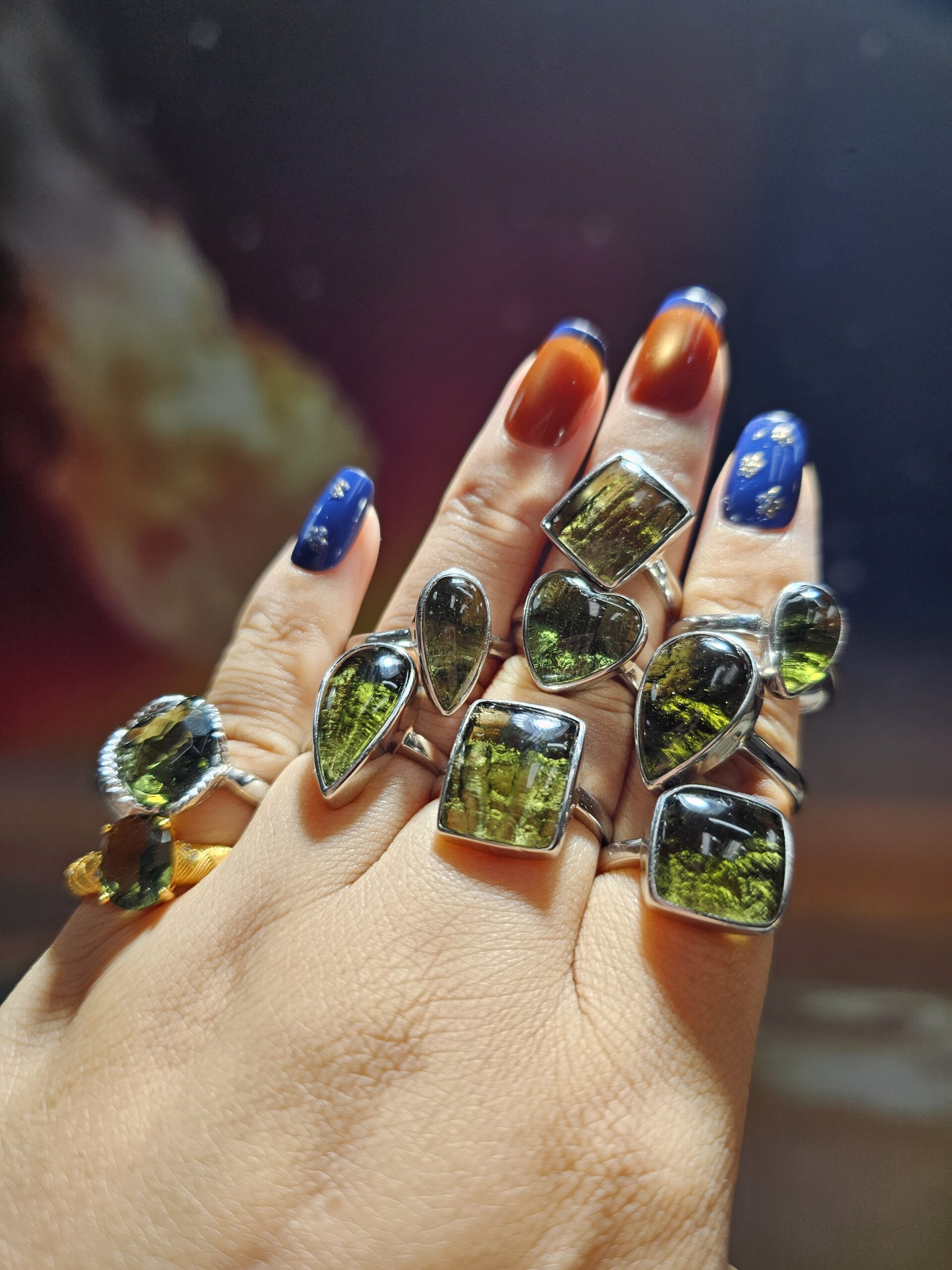 Natural Moldavite Cabochon Ring | 925 Sterling Silver Adjustable Band | Genuine Green Tektite | Multiple Shapes - Image 4