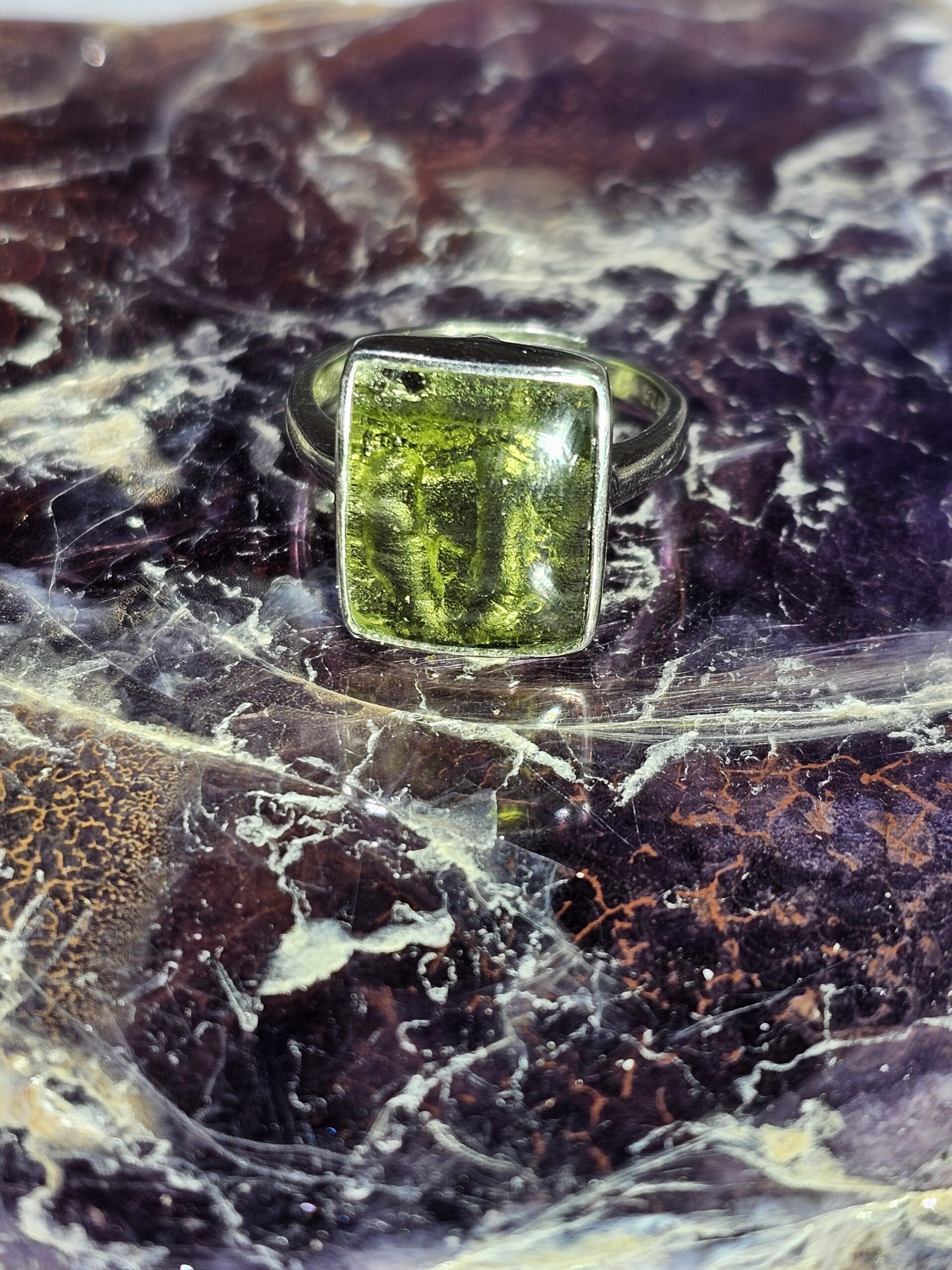 Natural Moldavite Cabochon Ring | 925 Sterling Silver Adjustable Band | Genuine Green Tektite | Multiple Shapes - Image 5