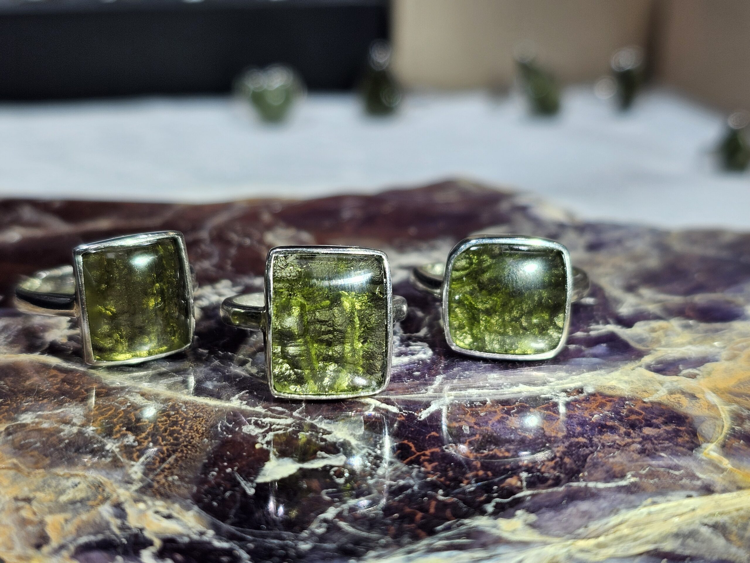 Natural Moldavite Cabochon Ring | 925 Sterling Silver Adjustable Band | Genuine Green Tektite | Multiple Shapes - Image 6