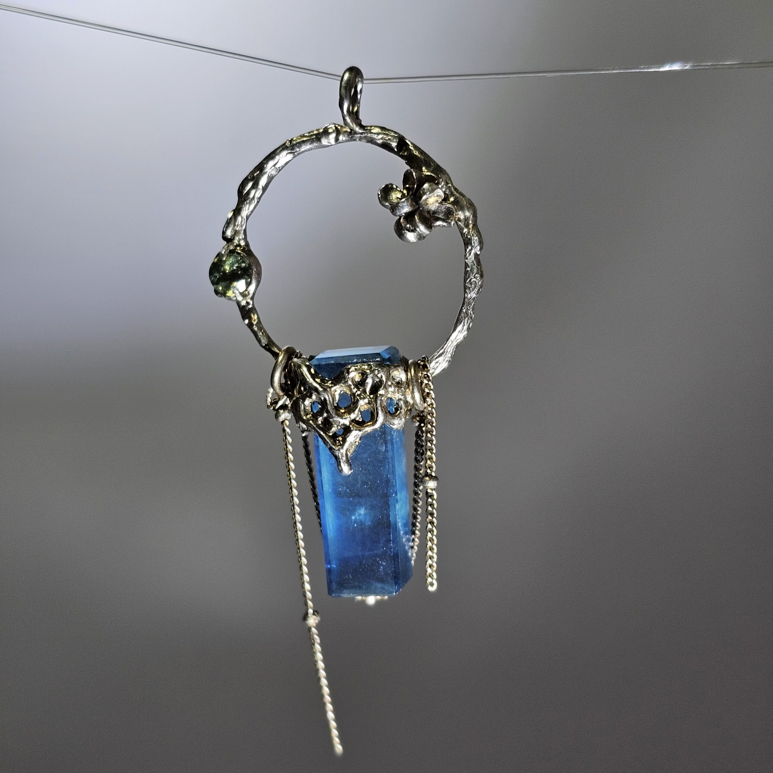 High Quality OOAK Aquamarine Pendant Necklace | 100% Handmade 925 Sterling Silver Hoop Charm with Chain Tassels | Gift for Her - Image 2