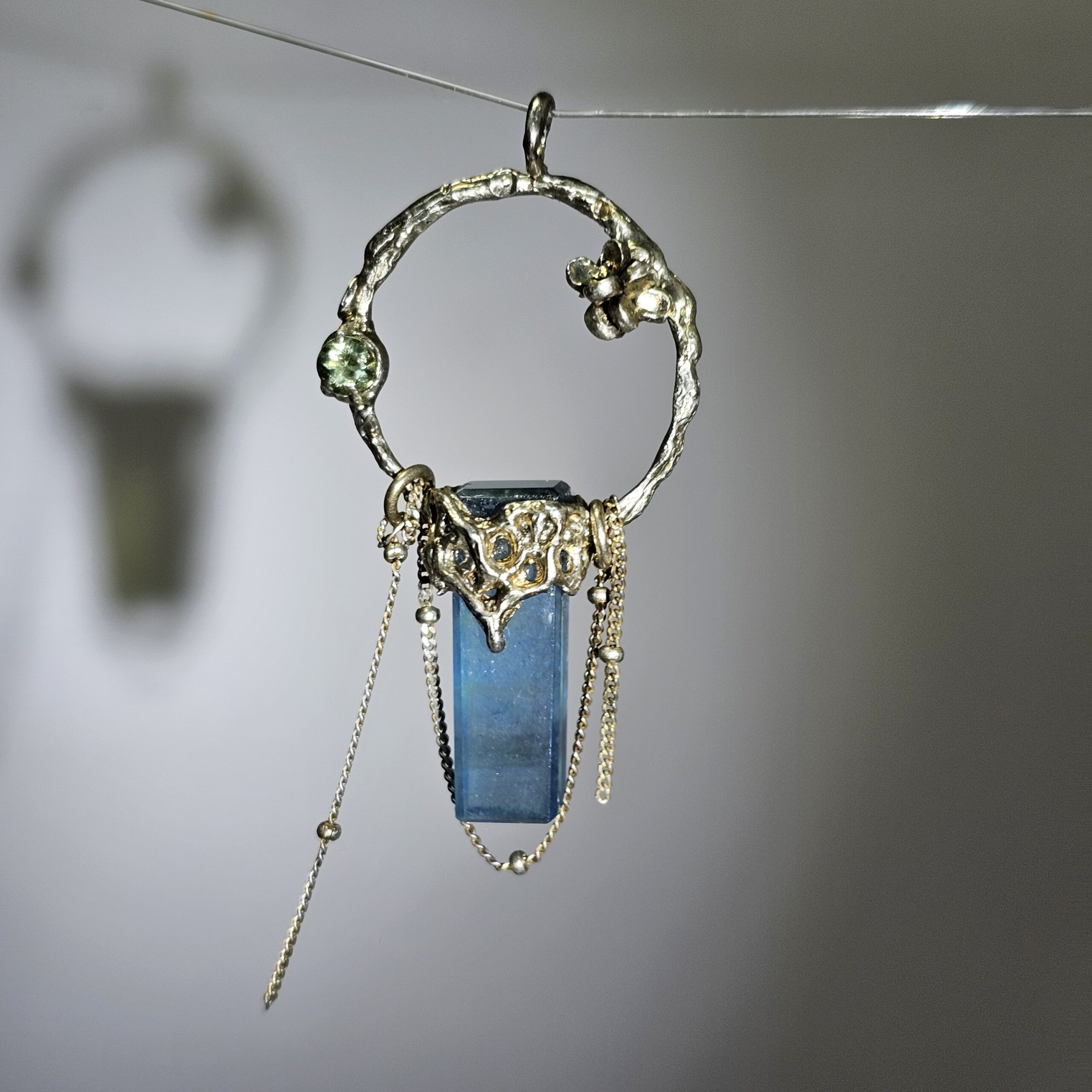 High Quality OOAK Aquamarine Pendant Necklace | 100% Handmade 925 Sterling Silver Hoop Charm with Chain Tassels | Gift for Her - Image 3