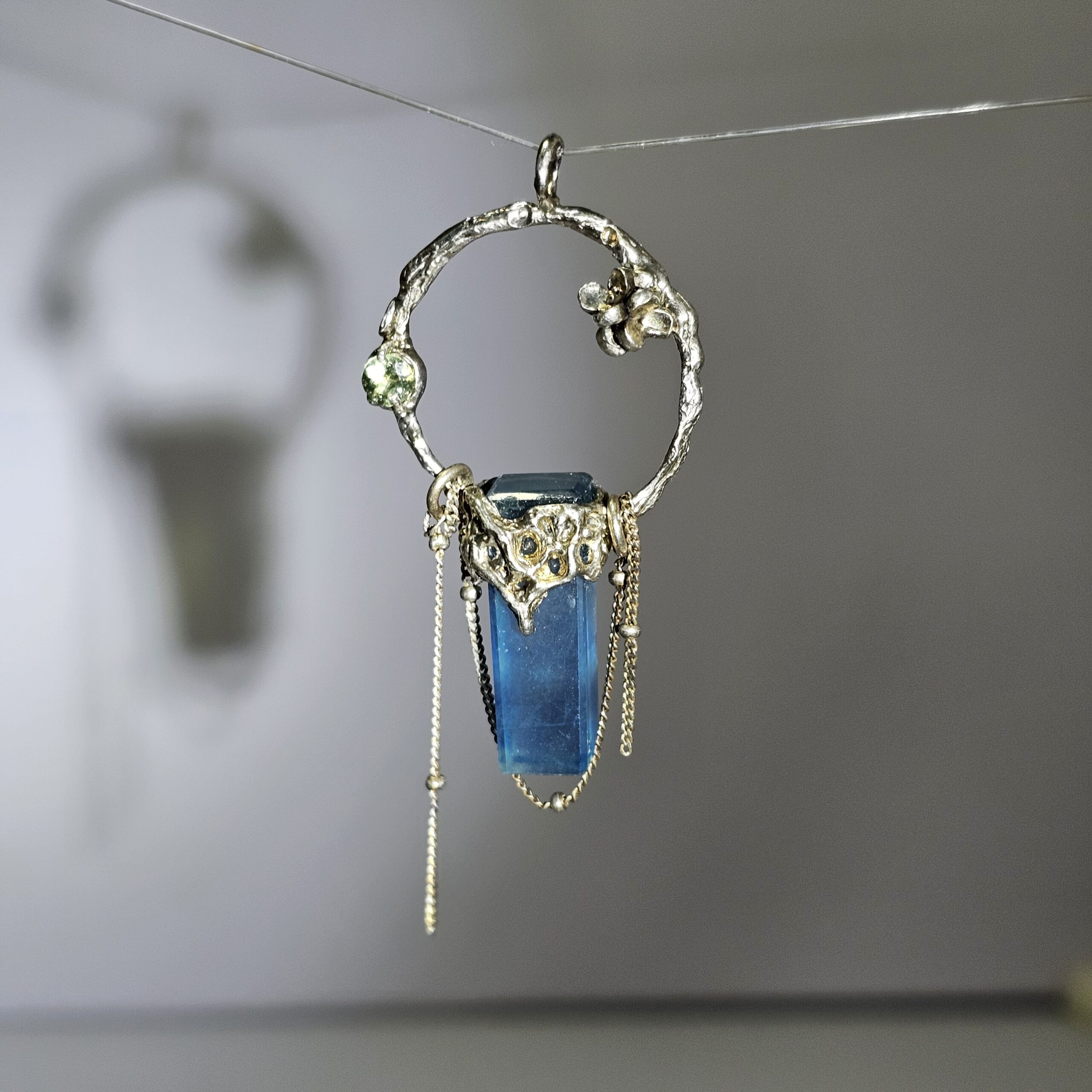 High Quality OOAK Aquamarine Pendant Necklace | 100% Handmade 925 Sterling Silver Hoop Charm with Chain Tassels | Gift for Her - Image 4