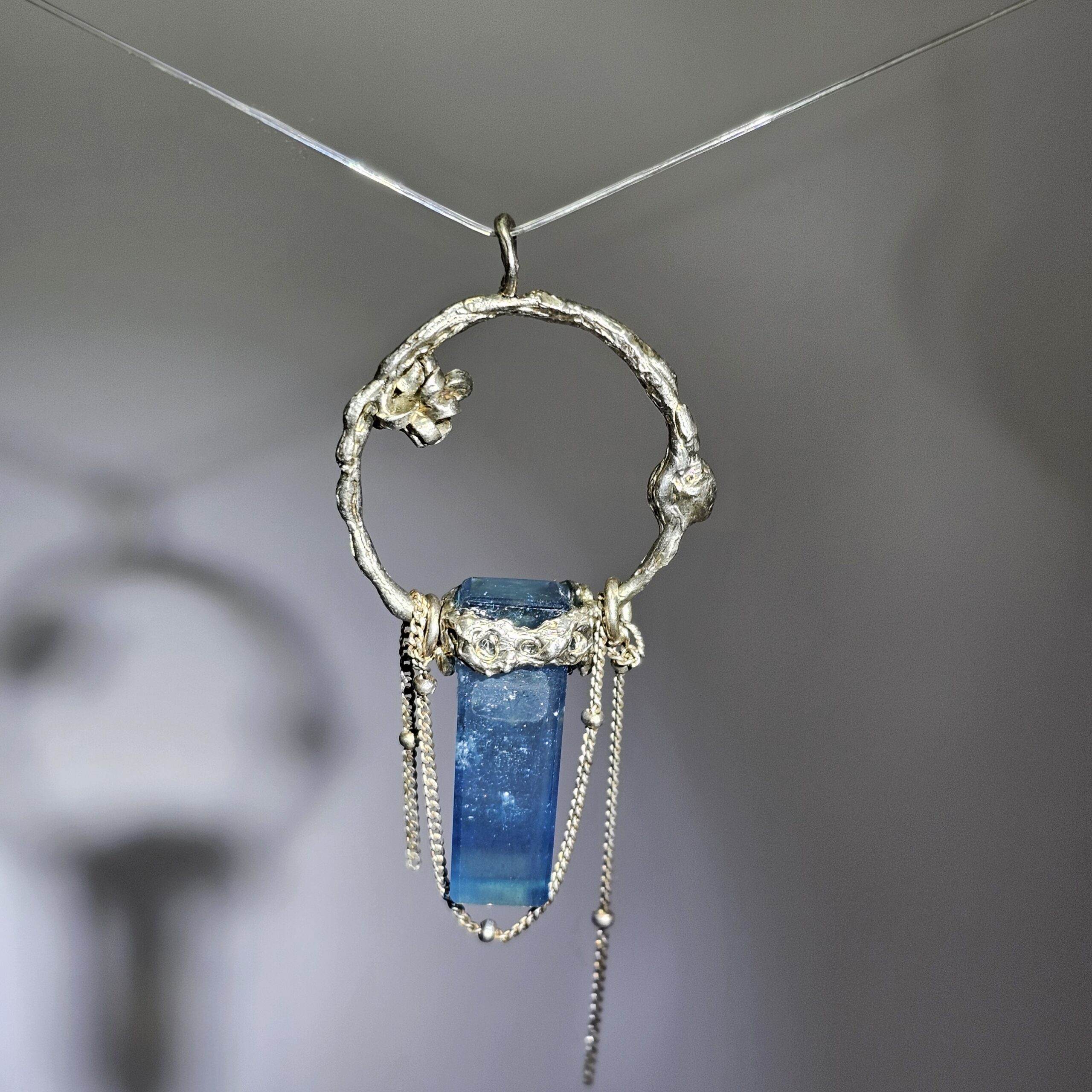 High Quality OOAK Aquamarine Pendant Necklace | 100% Handmade 925 Sterling Silver Hoop Charm with Chain Tassels | Gift for Her - Image 5