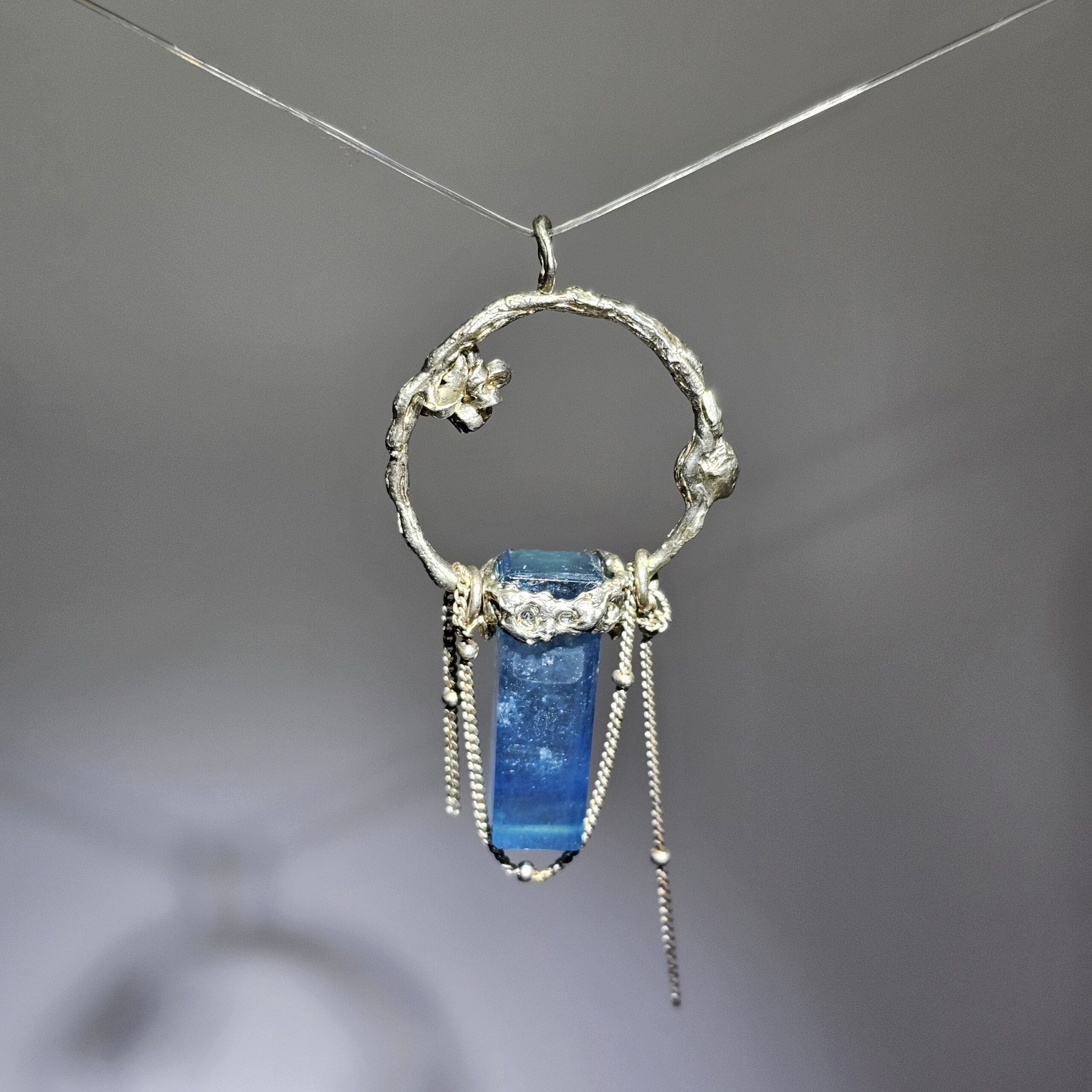 High Quality OOAK Aquamarine Pendant Necklace | 100% Handmade 925 Sterling Silver Hoop Charm with Chain Tassels | Gift for Her - Image 6